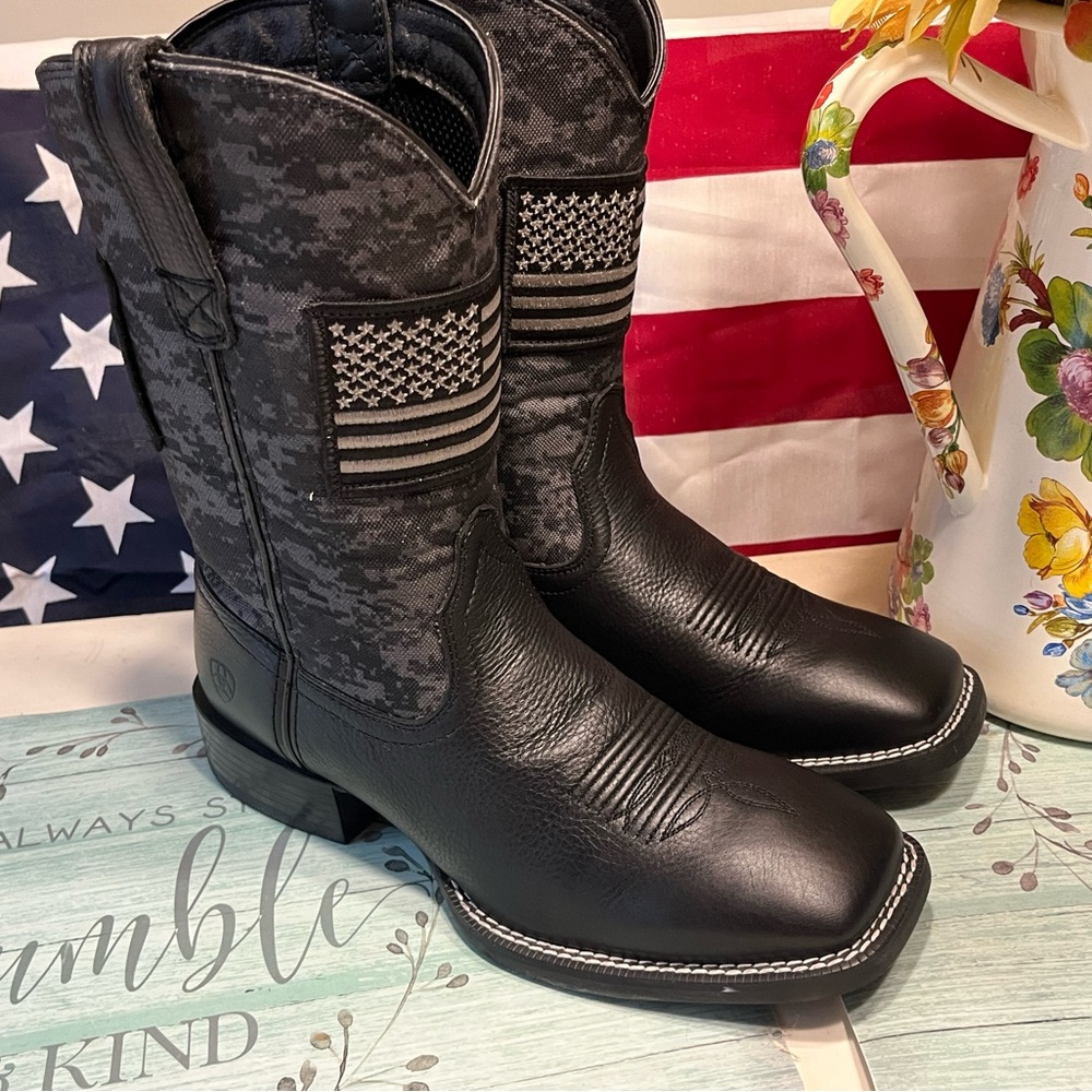Ariat Patriot Black  Black Camo American Flag Patch Wide Sq Toe Cowboy Boots 9D